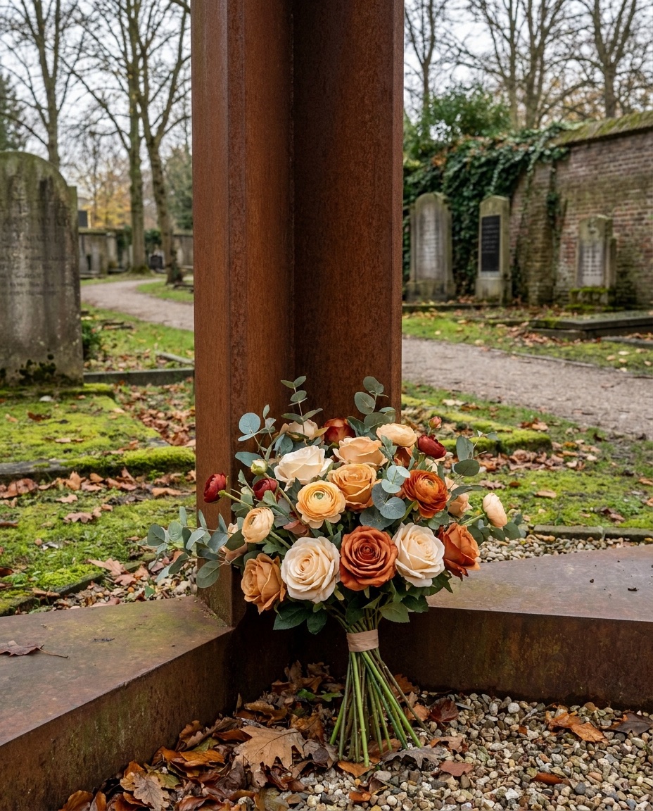 Zijden bloemboeket bij een cortenstalen gedenkteken