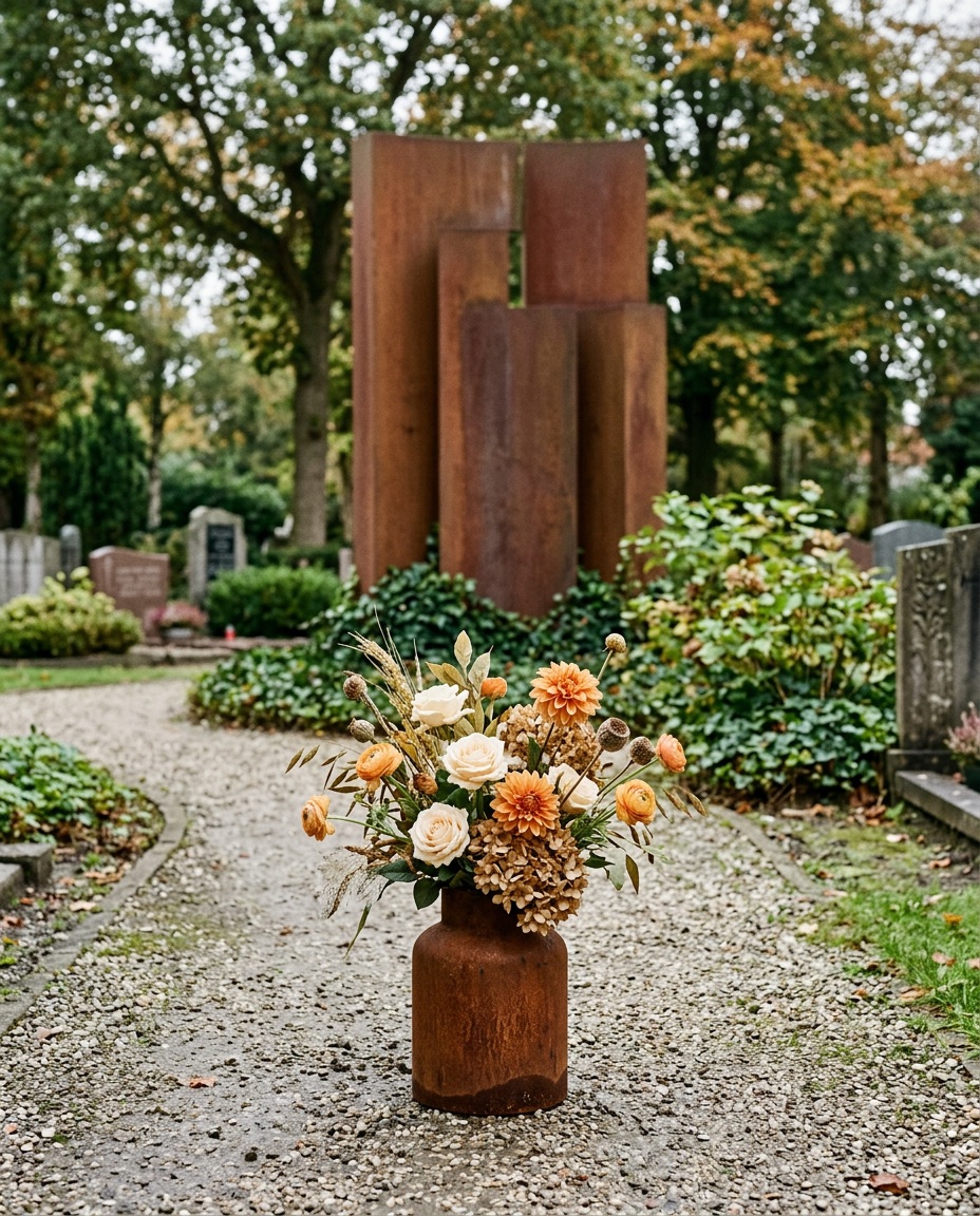 Bloemboeket in een cortenstalen vaas op een grindpad, met een abstract cortenstalen monument op de achtergrond