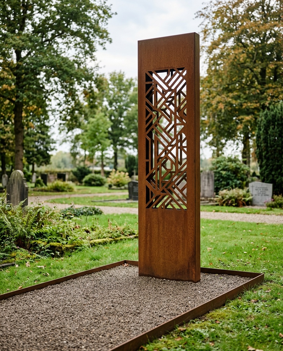 Modern, minimalistisch cortenstalen gedenkteken met een uitgesneden natuurmotief