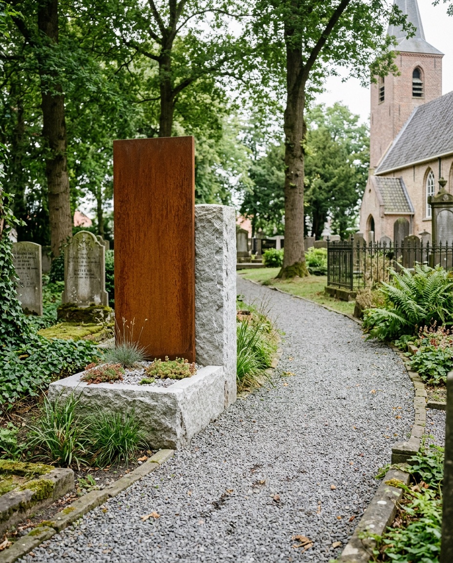 Cortenstalen gedenkteken gecombineerd met natuursteen op een grindpad