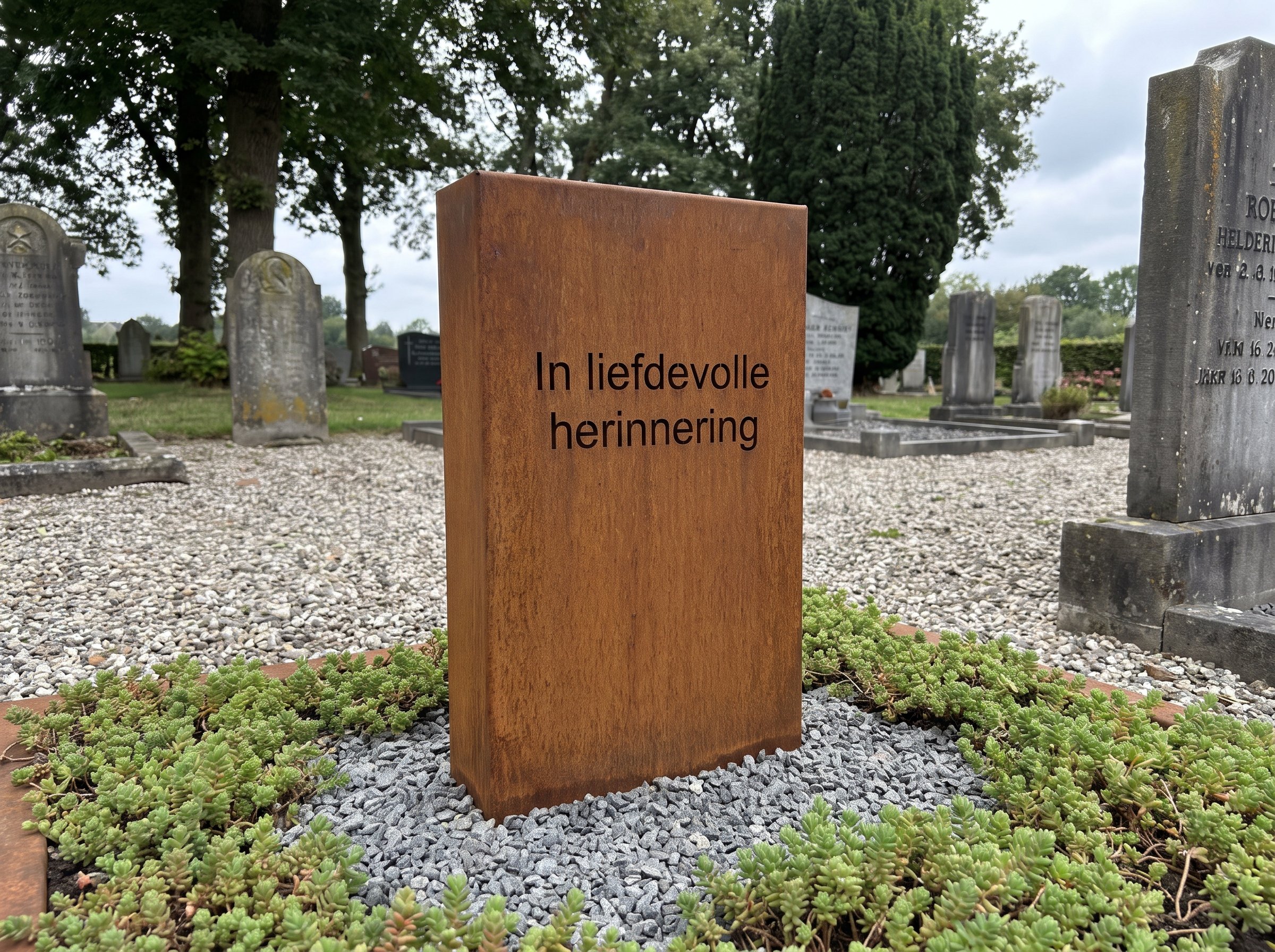 Klein, compact cortenstalen gedenkteken met de gravering 'In liefdevolle herinnering', een betaalbare variant