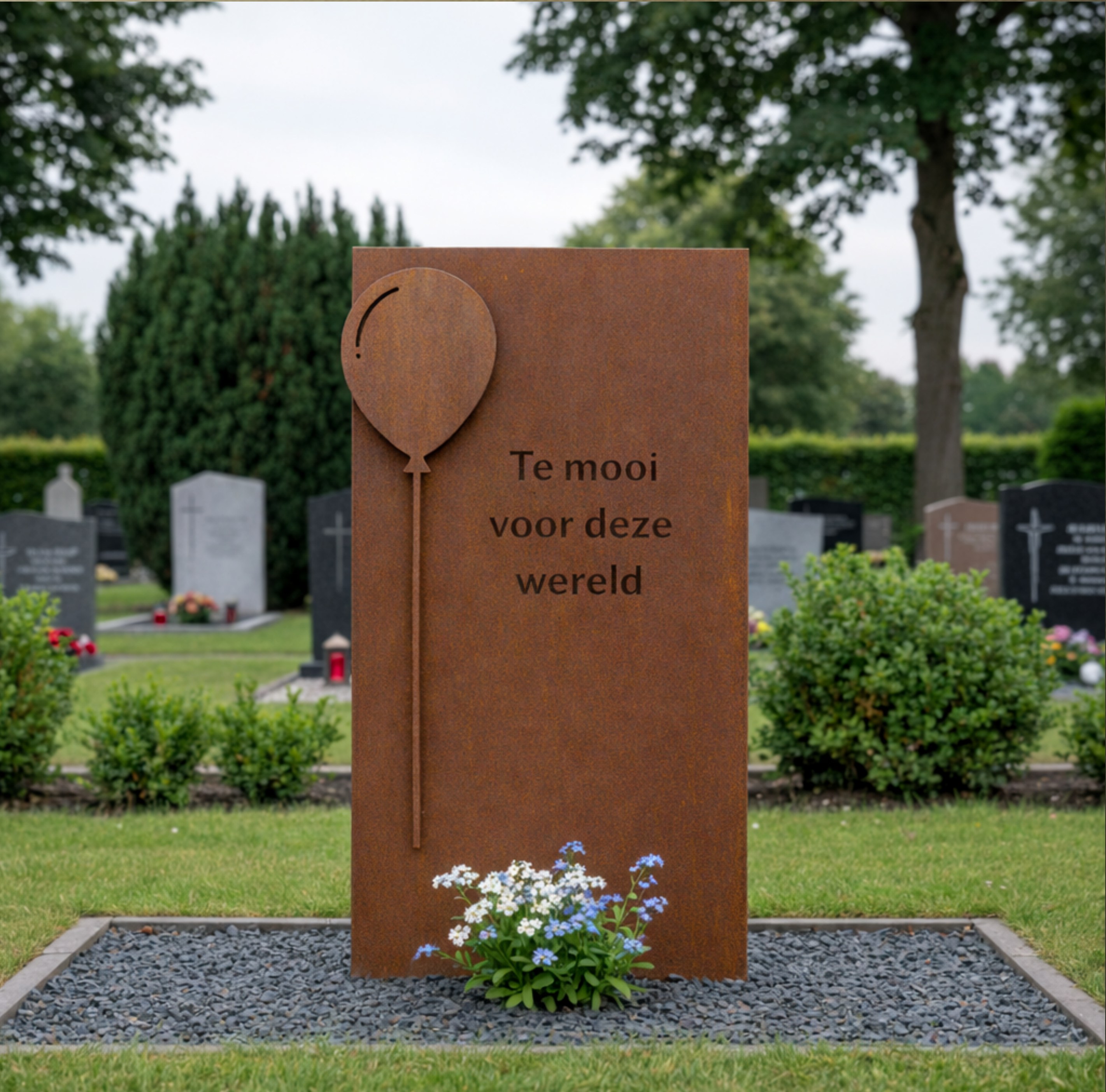 Cortenstalen gedenkteken met een uitgesneden ballon en gegraveerde tekst
