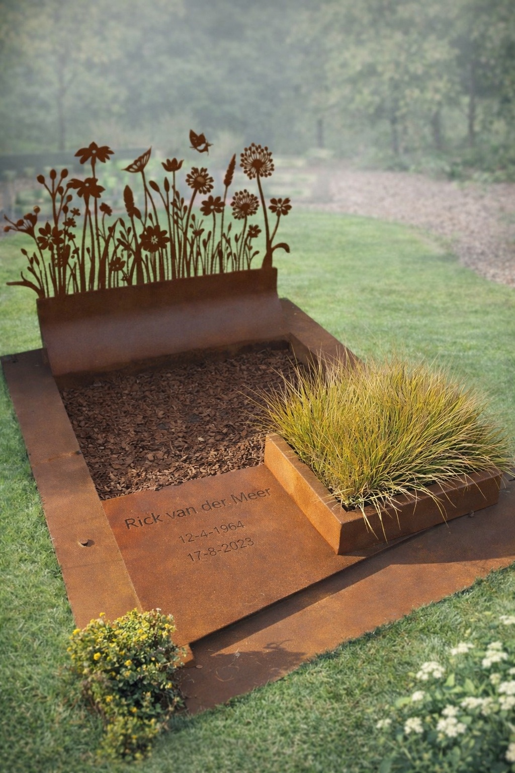 Verhoogde cortenstalen border met een uitgesneden bloemenmotief en siergras