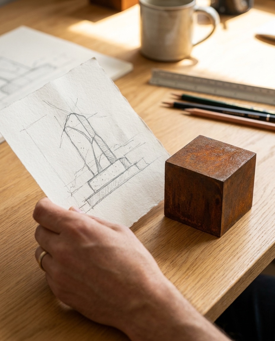 Hand die een ontwerptekening vasthoudt naast een kubusvormig materiaalstaal van cortenstaal