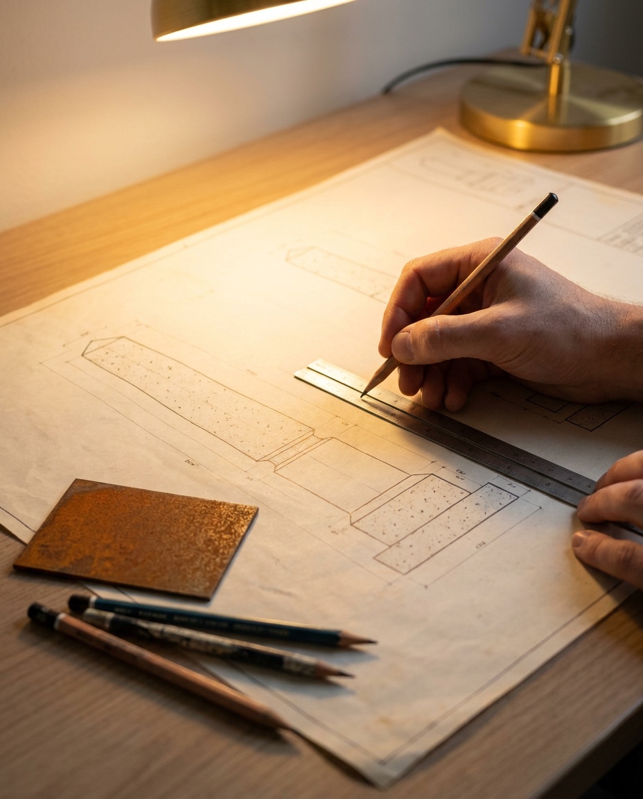 Hand die met een liniaal een technische ontwerptekening van een gedenkteken natekent